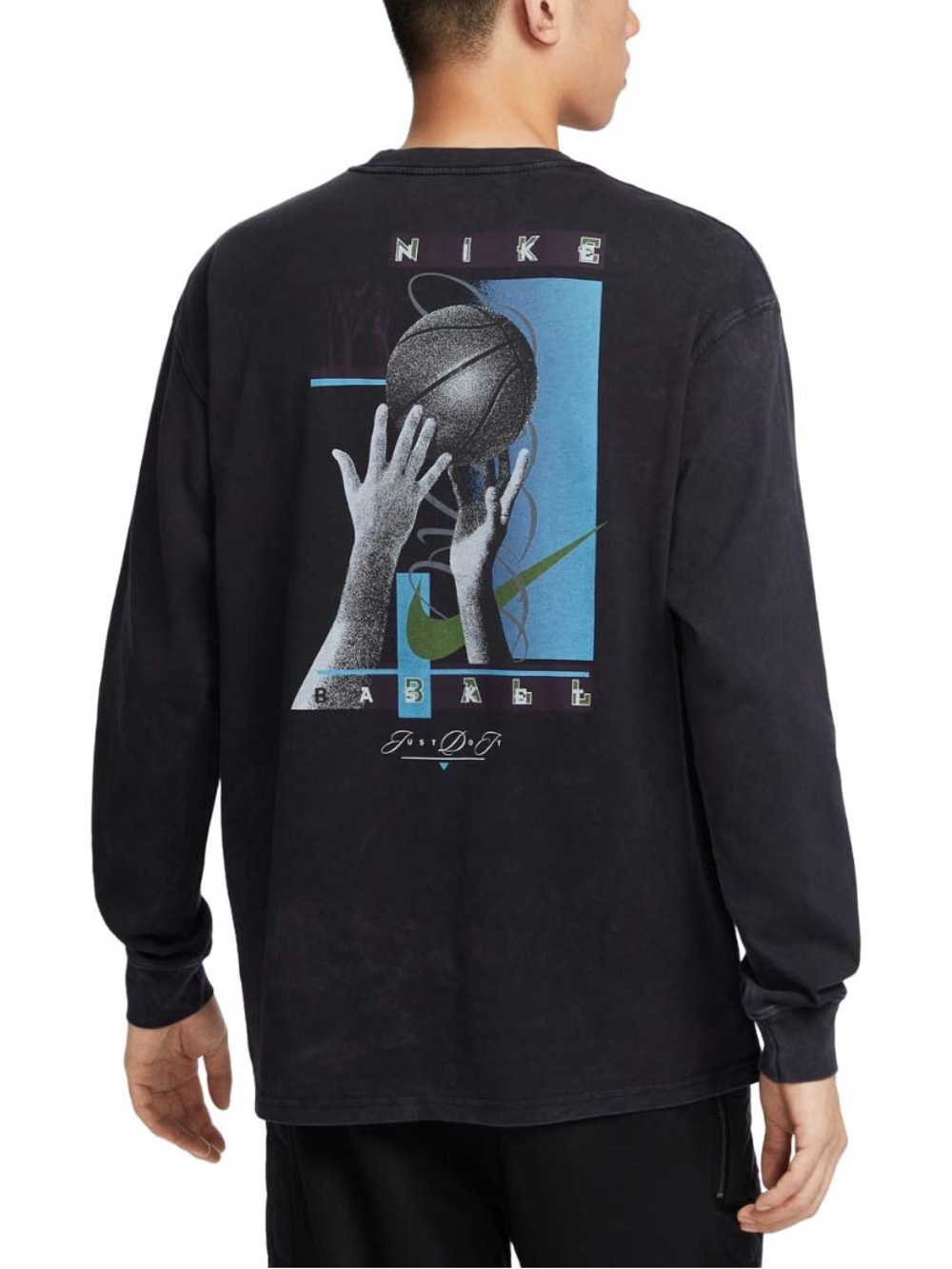 Nike Black Long-Sleeve Basketball Graphic Tee with Blue and Green Accents